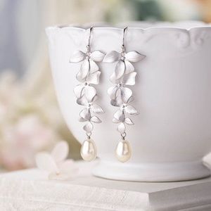 NEW! Handmade Silver Orchid Drop Pearl Earrings